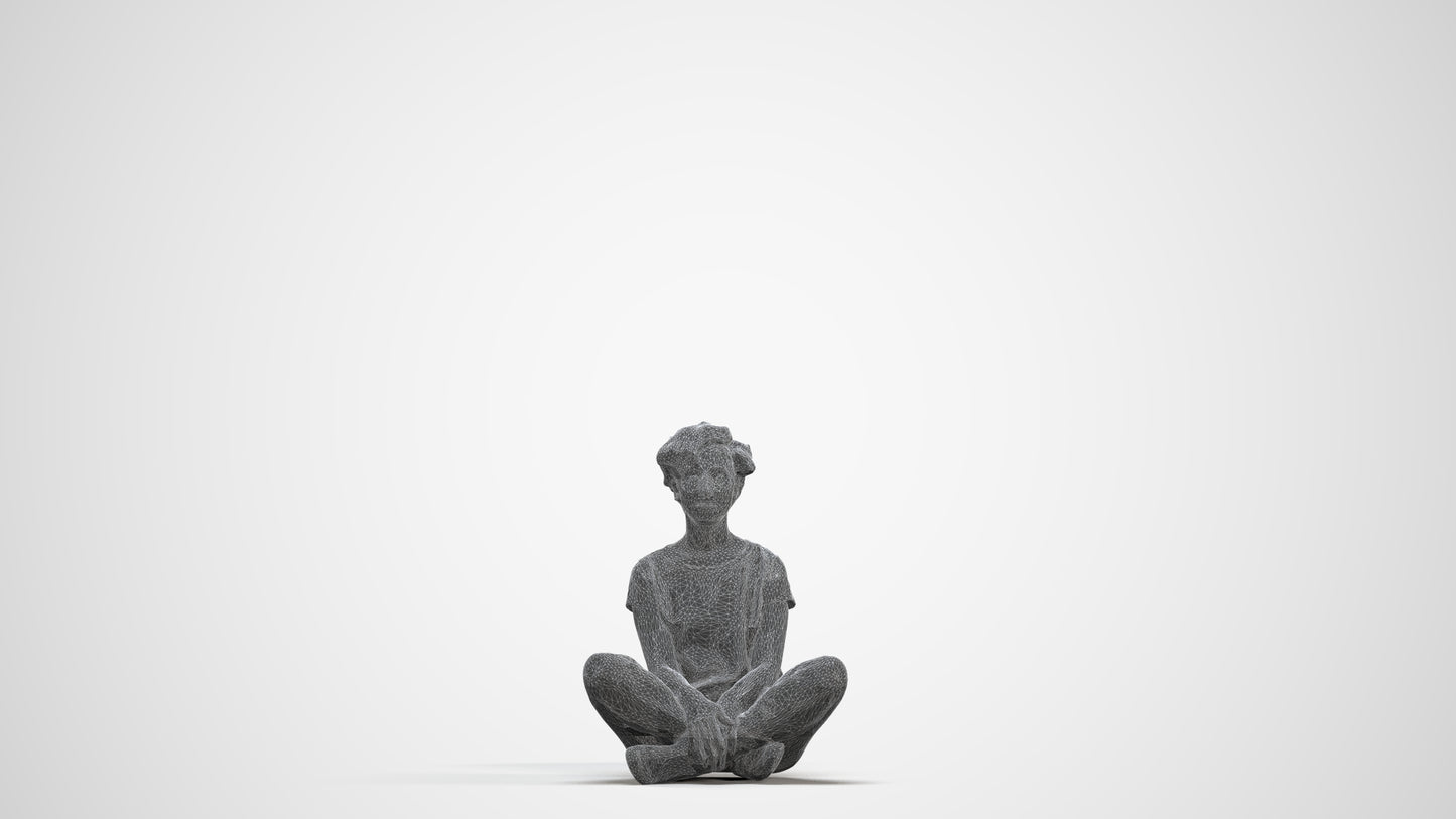 realistic 3D woman sitting, scanned archviz people for Blender and 3ds Max, three-quarter front view render
