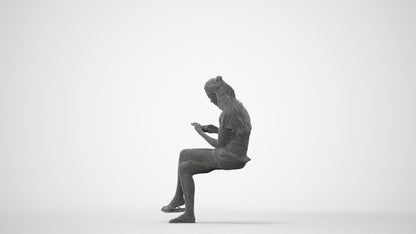 3D human model woman casual sitting, photogrammetry scanned person for archviz, square thumbnail
