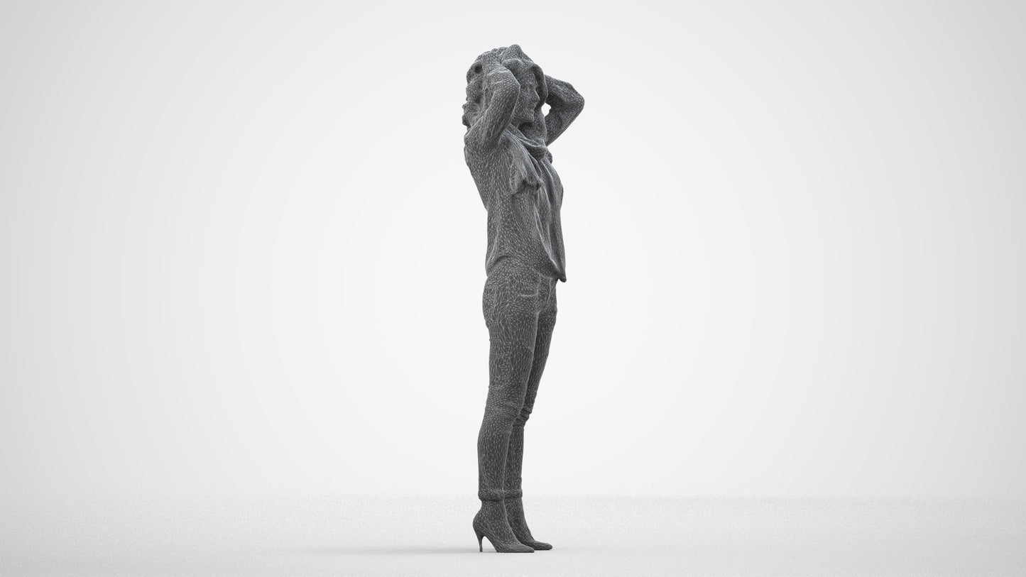 scanned 3D woman casual standing, photogrammetry people for Enscape and V-Ray, wireframe side view