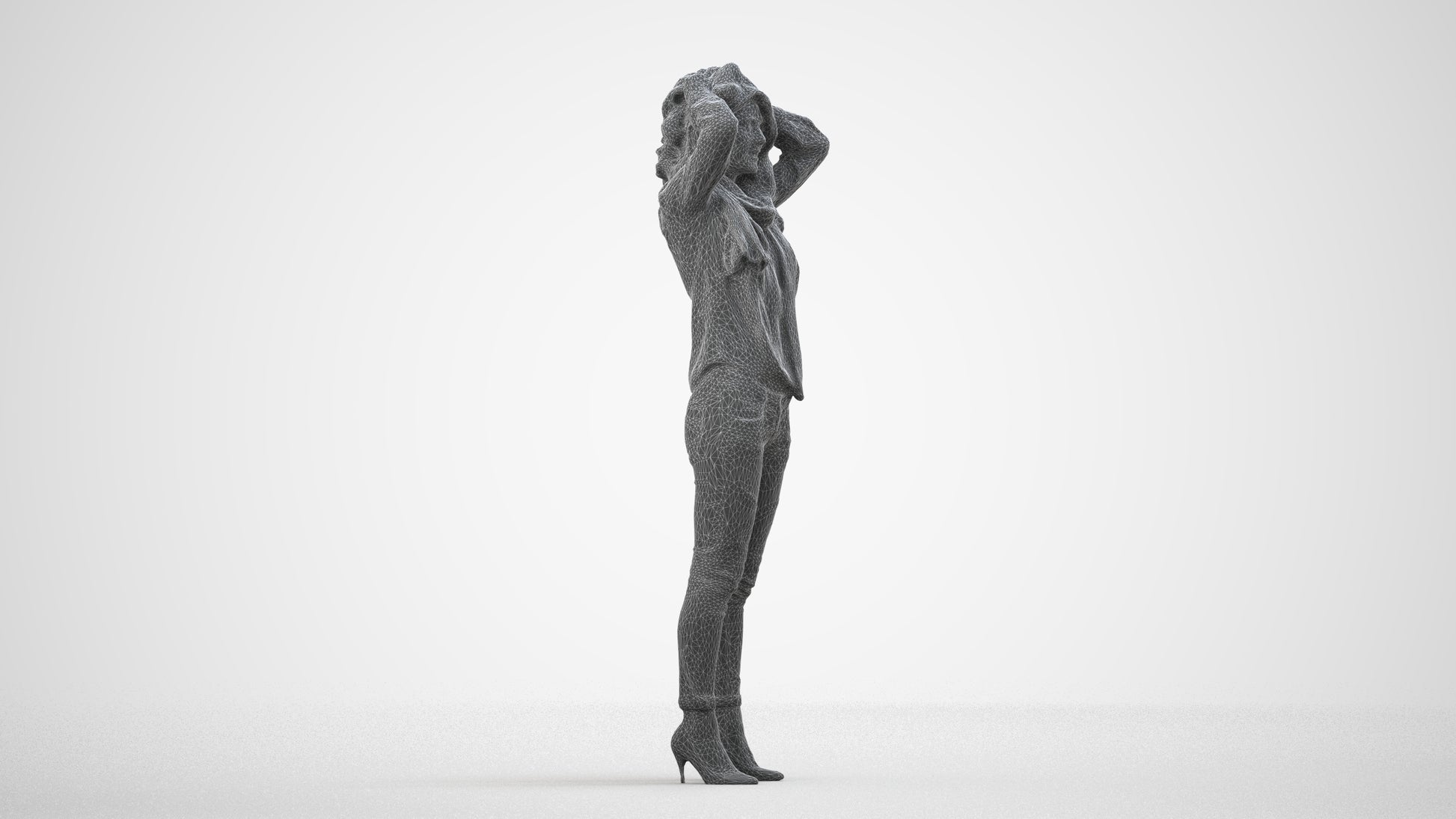 scanned 3D woman casual standing, photogrammetry people for Enscape and V-Ray, wireframe side view