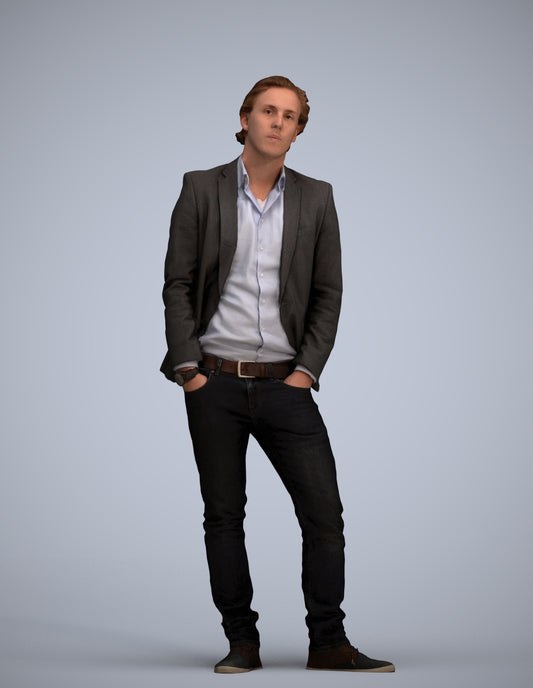 3D human model man business standing, photogrammetry scanned person for archviz