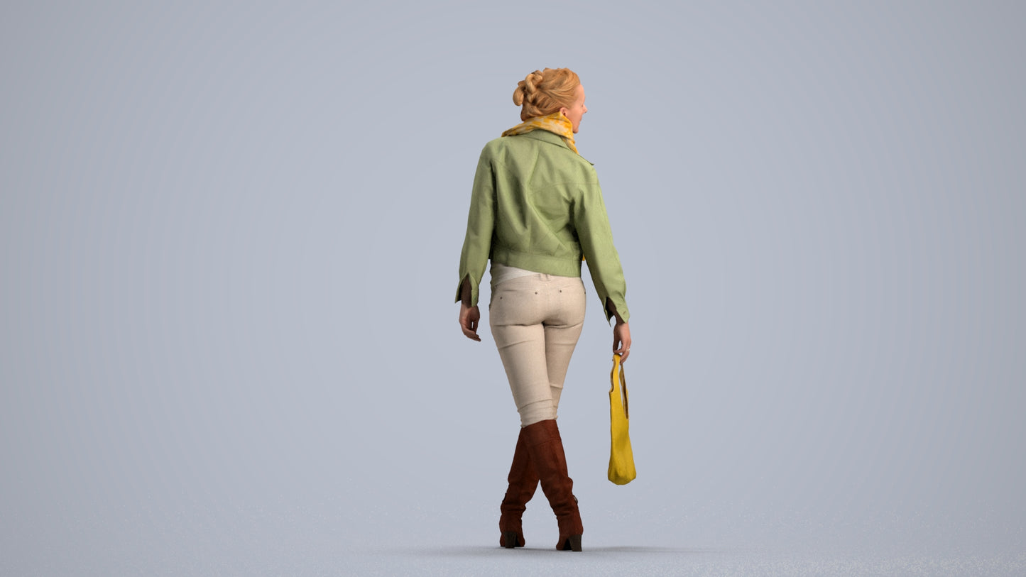 3D human model woman casual walking, photogrammetry scanned person for archviz, front view render