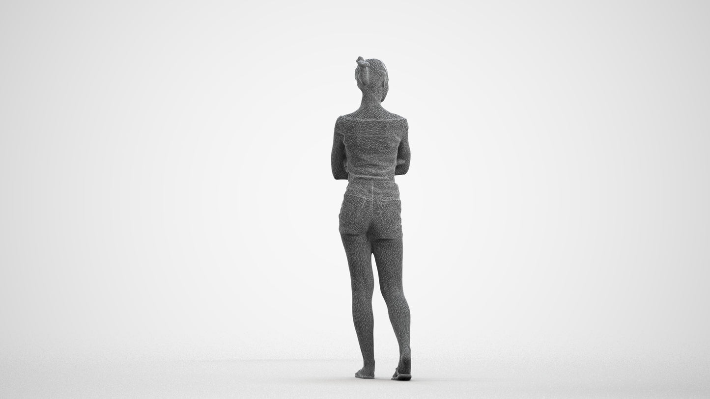 3D scanned girl walking casual, photorealistic archviz people for Enscape and SketchUp, wireframe front view