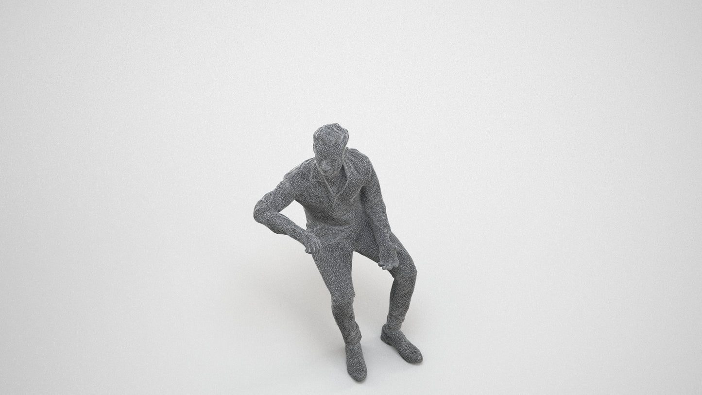 realistic 3D man business sitting, scanned archviz people for Blender and 3ds Max, wireframe three-quarter view