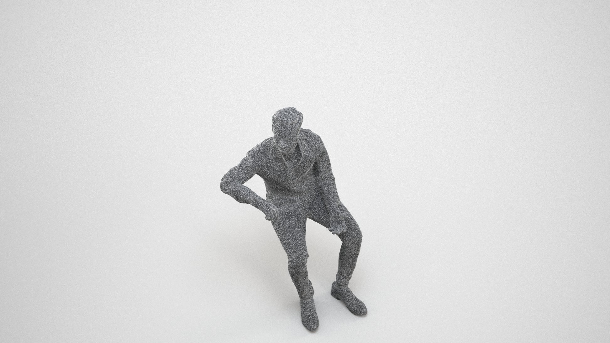 realistic 3D man business sitting, scanned archviz people for Blender and 3ds Max, wireframe three-quarter view