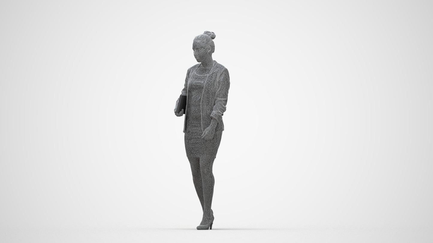 3D human model woman business, photogrammetry scanned person for archviz, wireframe back view