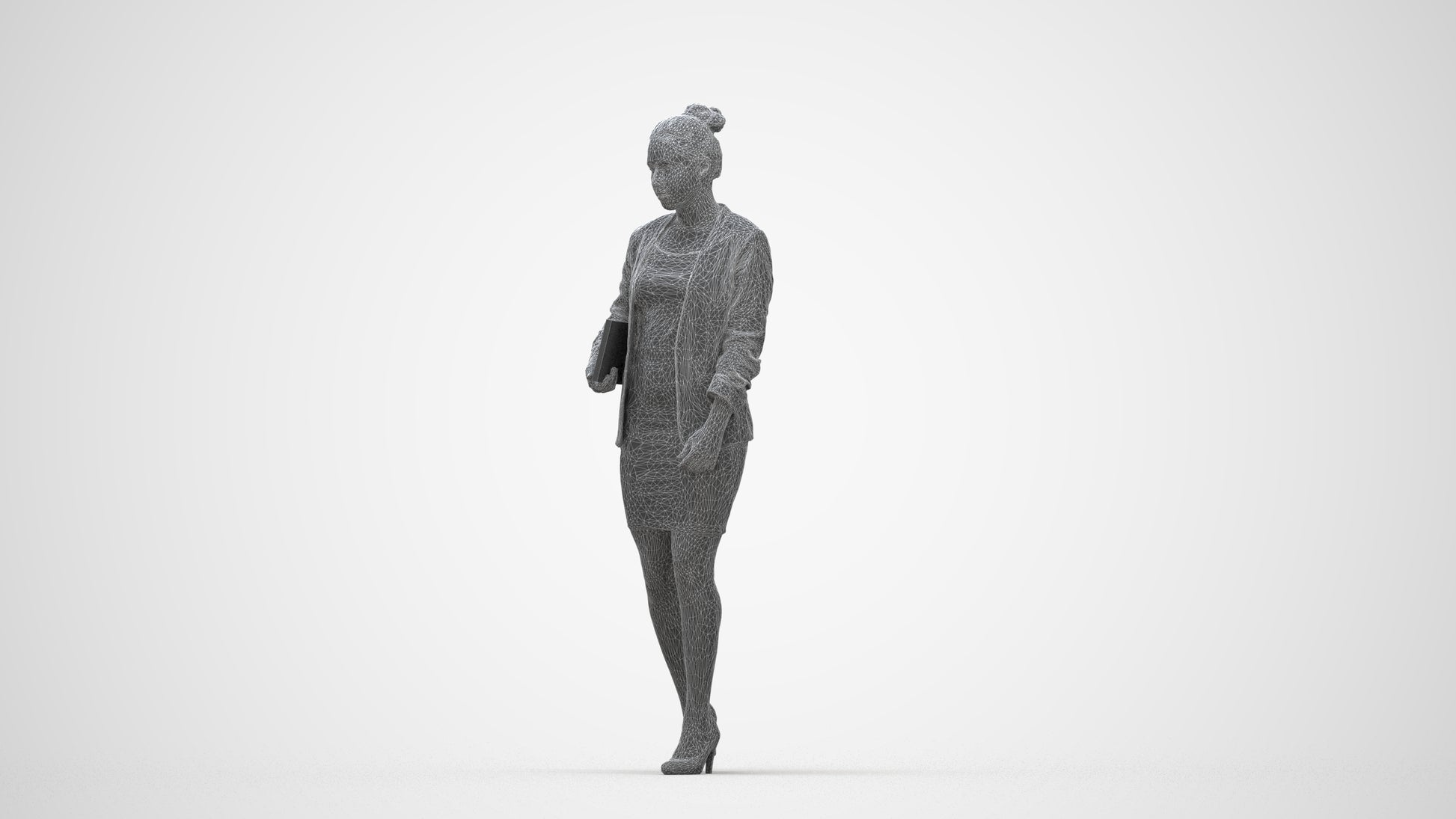 3D human model woman business, photogrammetry scanned person for archviz, wireframe back view