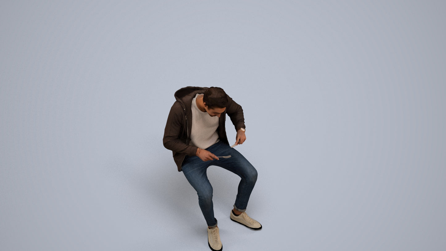 realistic 3D man casual sitting, scanned archviz people for Blender and 3ds Max, back view render