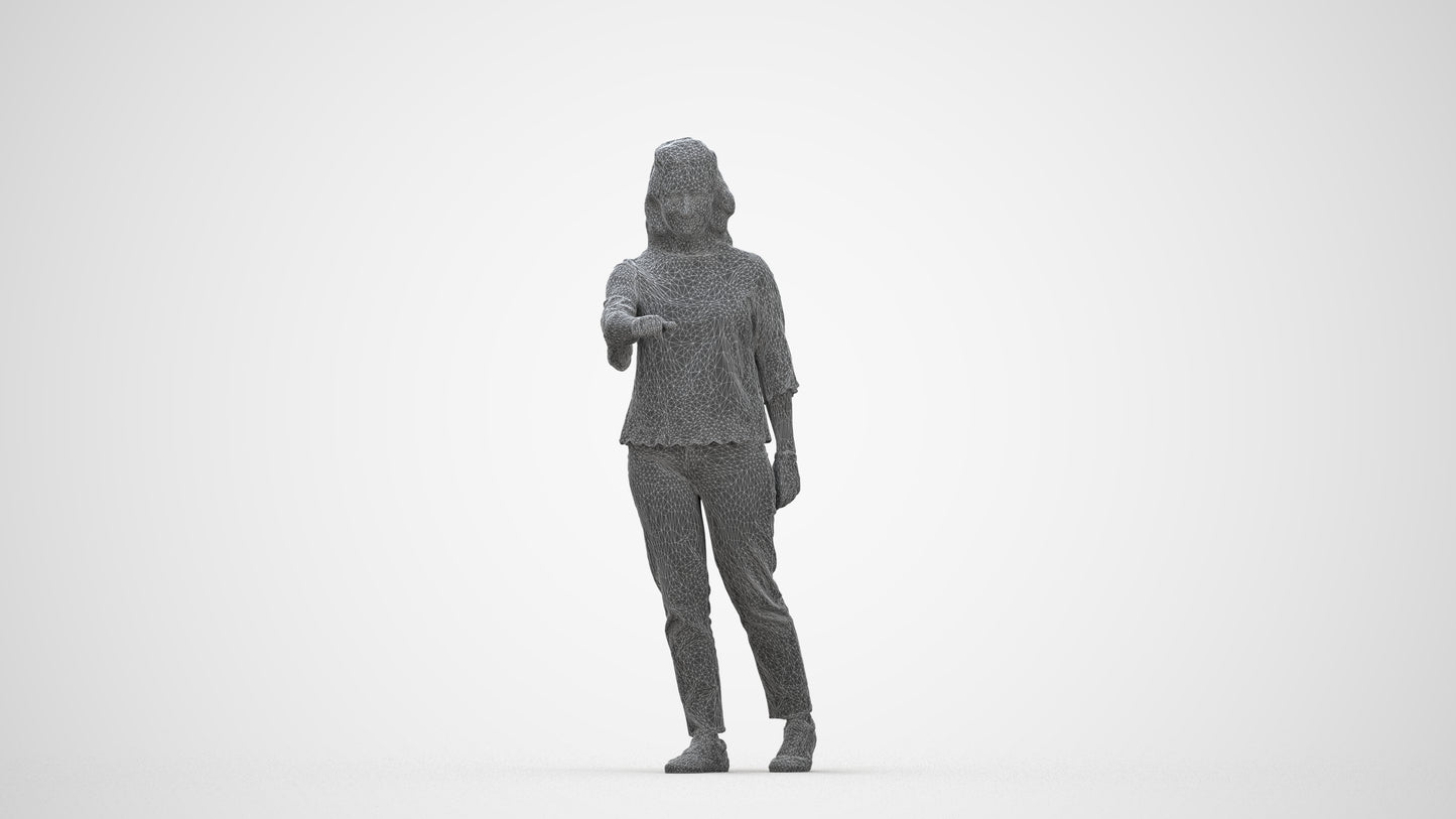 3D human model woman casual mix, photogrammetry scanned person for archviz, wireframe back view