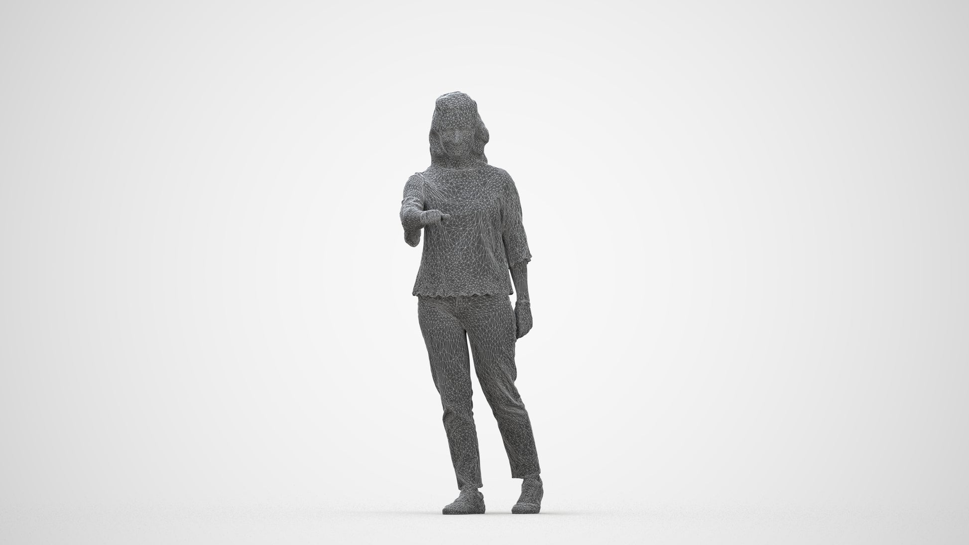 3D human model woman casual mix, photogrammetry scanned person for archviz, wireframe back view