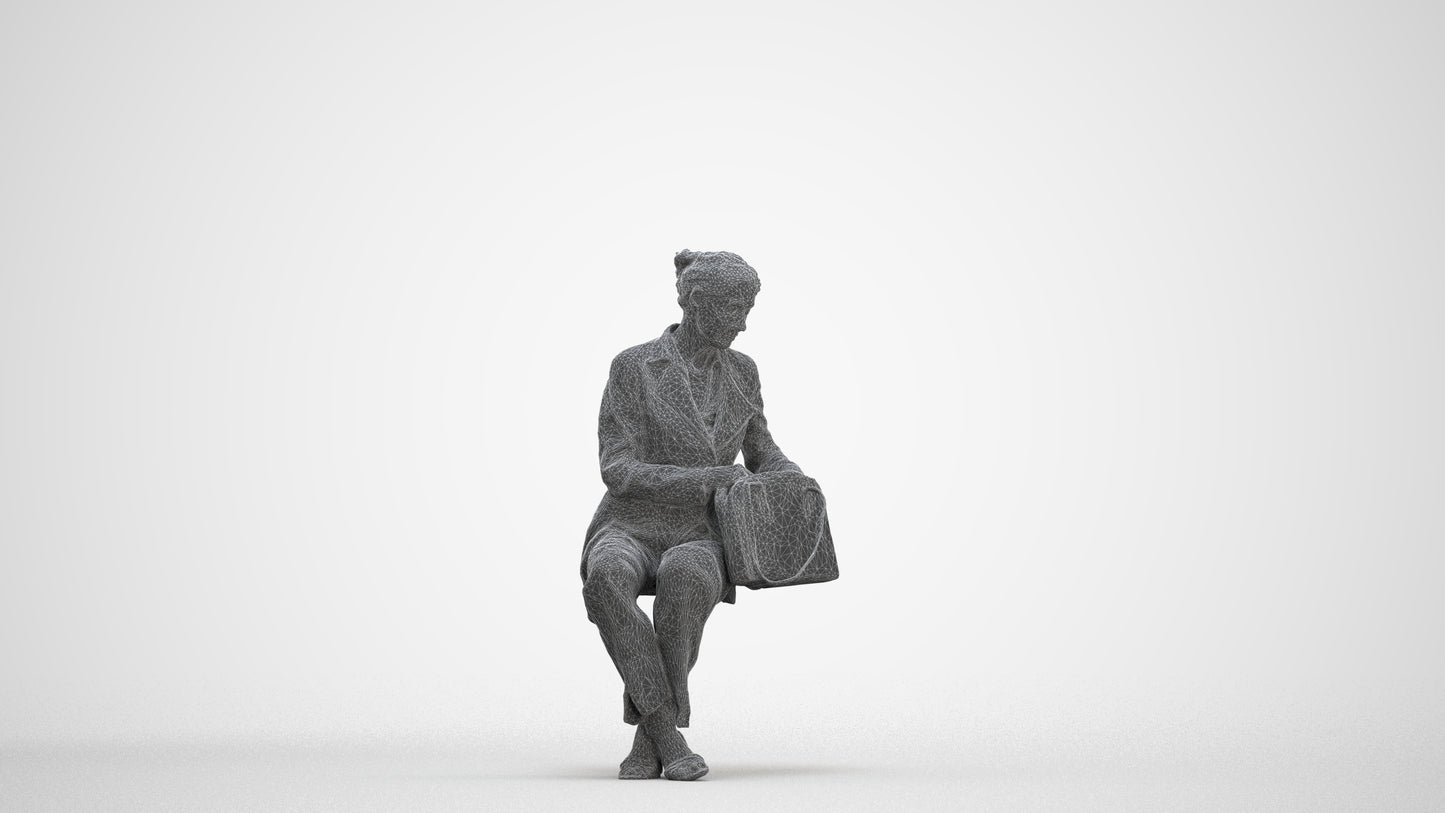3D human model senior woman business sitting, photogrammetry scanned person for archviz, three-quarter front view render