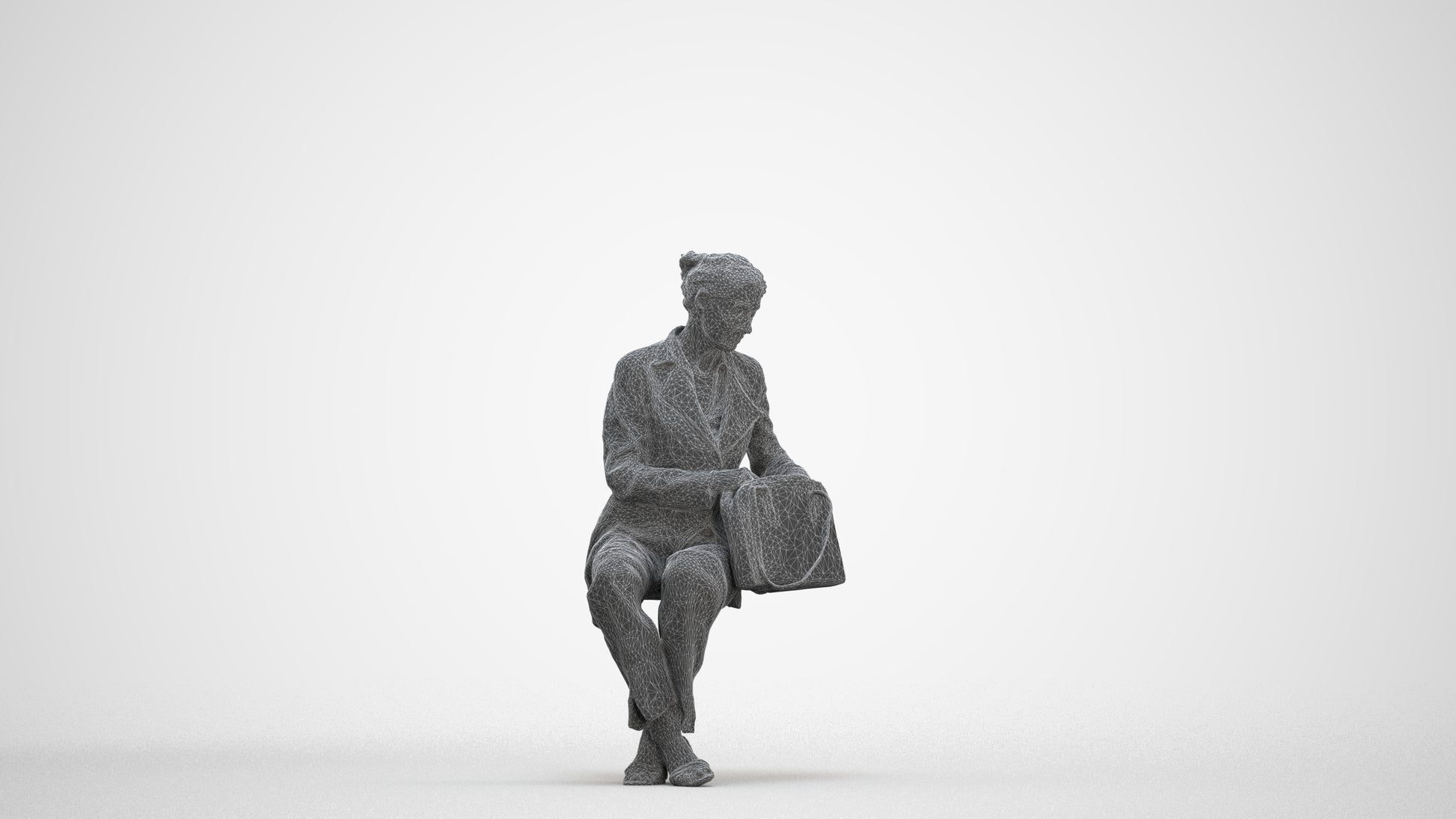 3D human model senior woman business sitting, photogrammetry scanned person for archviz, three-quarter front view render