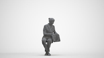3D human model senior woman business sitting, photogrammetry scanned person for archviz, three-quarter front view render