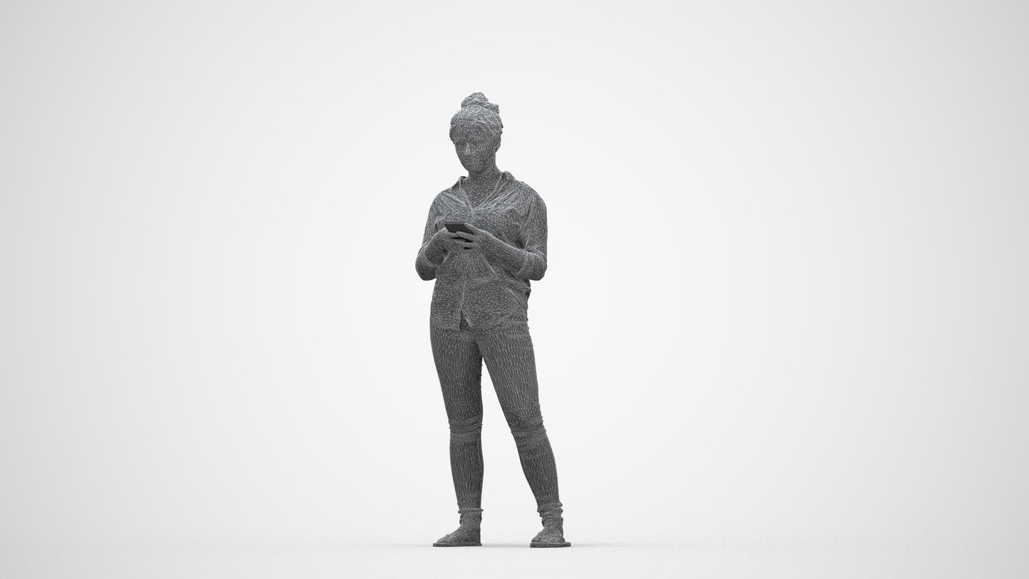 3D scanned woman standing casual, photorealistic archviz people for Enscape and SketchUp, wireframe back view