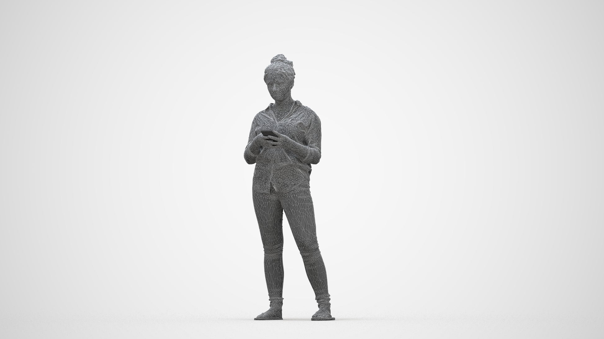3D scanned woman standing casual, photorealistic archviz people for Enscape and SketchUp, wireframe back view