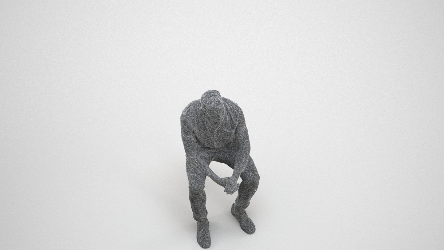 3D scanned man sitting casual, photorealistic archviz people for Enscape and SketchUp, wireframe three-quarter view