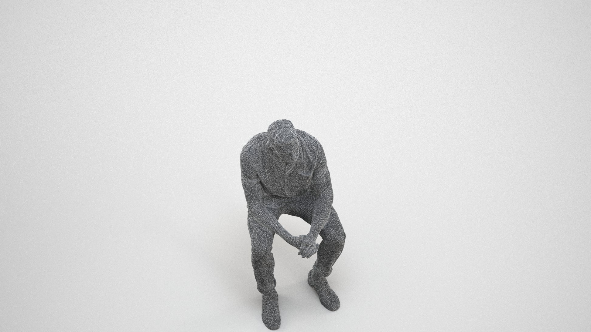 3D scanned man sitting casual, photorealistic archviz people for Enscape and SketchUp, wireframe three-quarter view