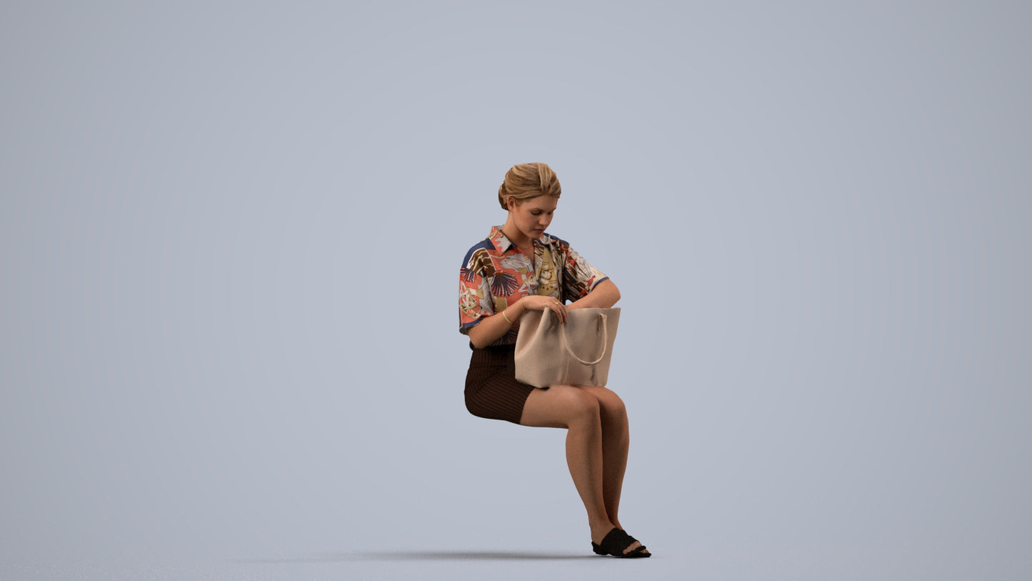 3D scanned woman sitting casual, photorealistic archviz people for Enscape and SketchUp, side view render