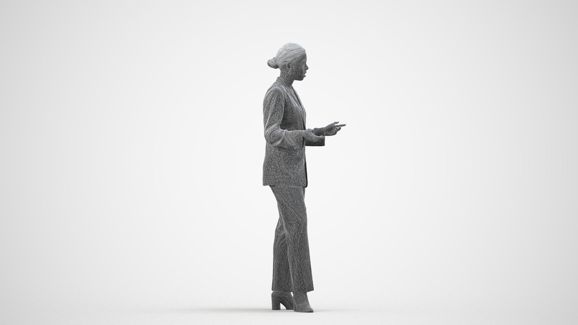 realistic 3D woman business, scanned archviz people for Blender and 3ds Max, wireframe side view
