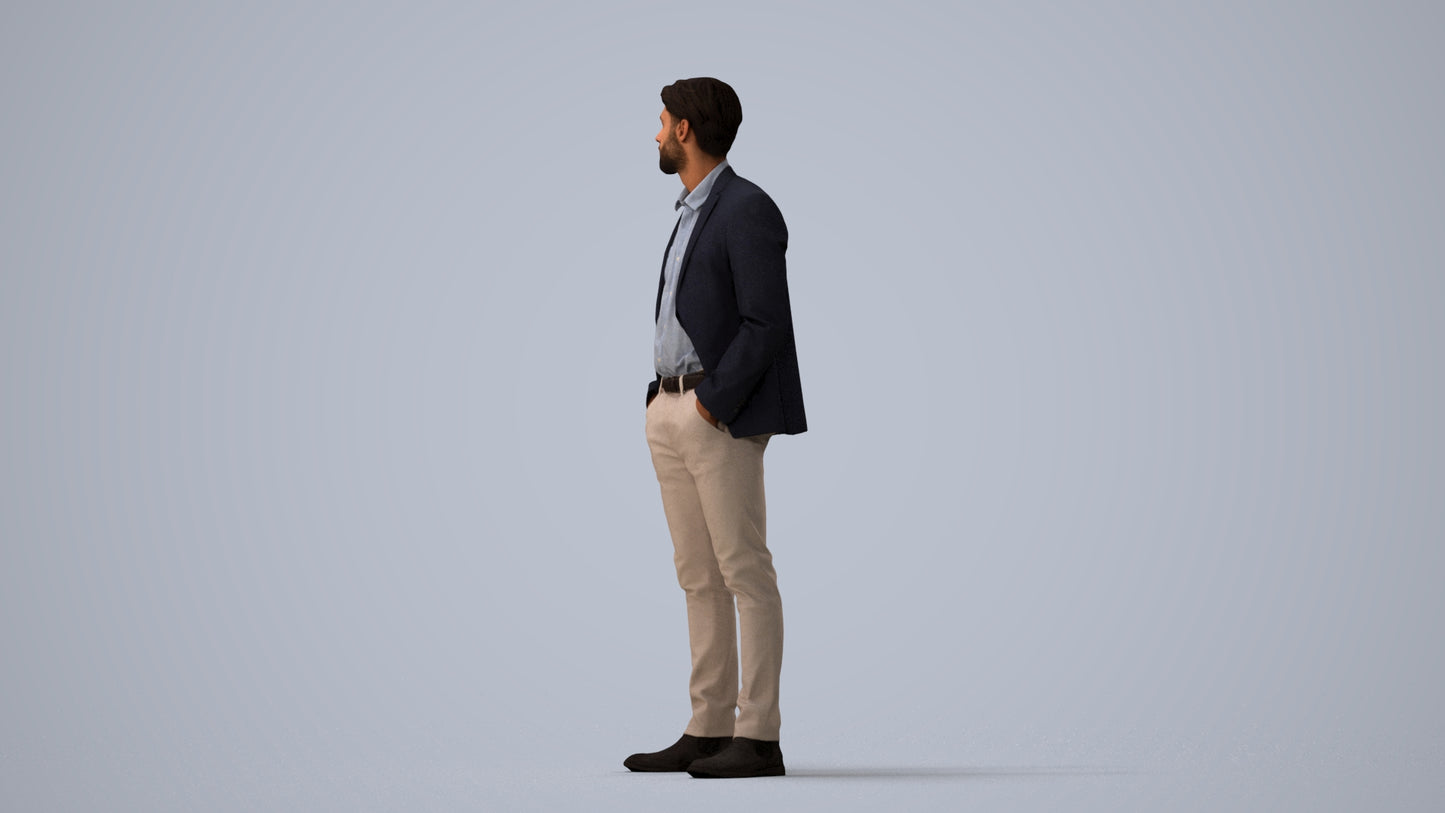 3D human model man business, photogrammetry scanned person for archviz, three-quarter view render