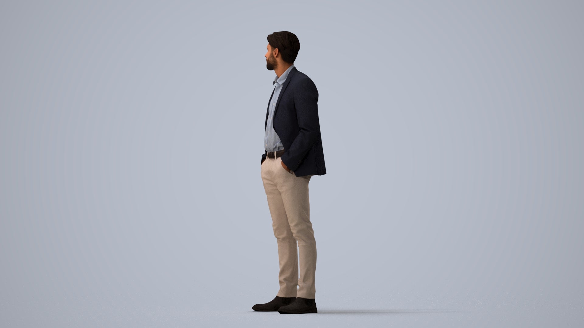 3D human model man business, photogrammetry scanned person for archviz, three-quarter view render