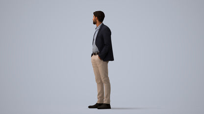 3D human model man business, photogrammetry scanned person for archviz, three-quarter view render