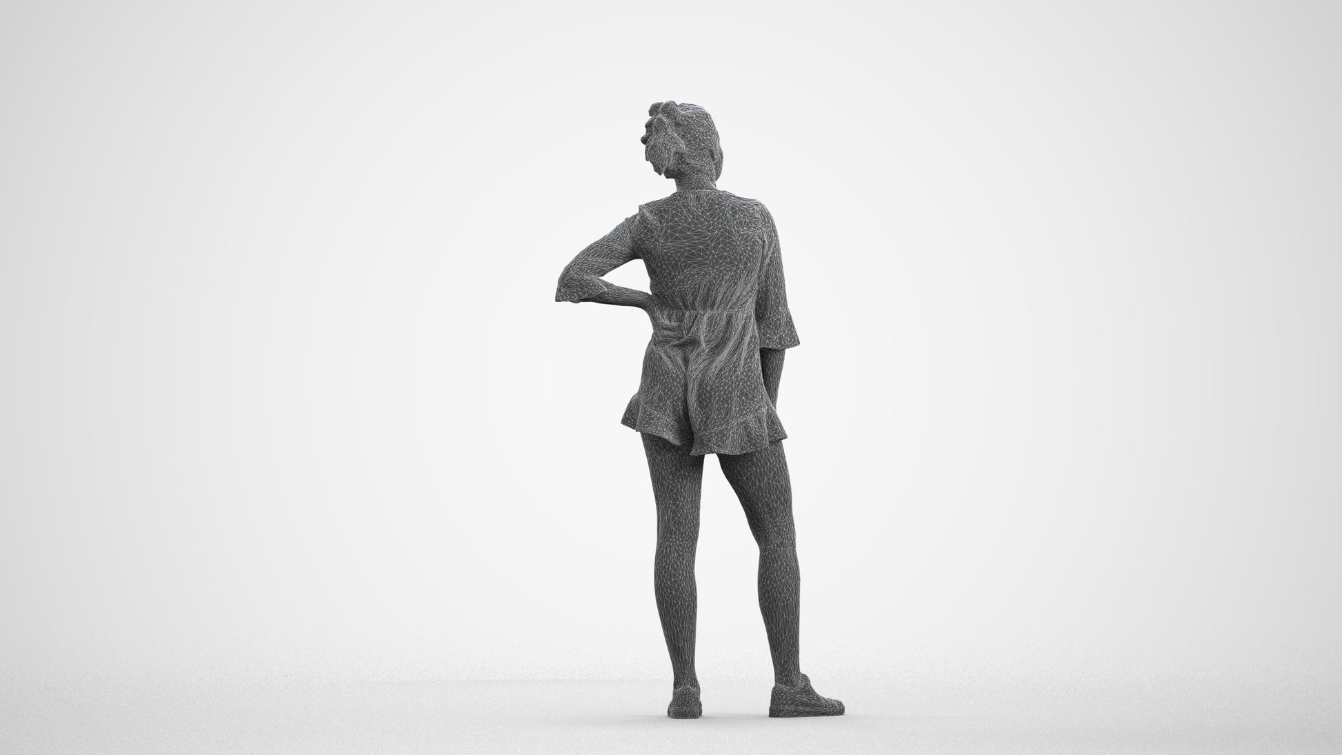 3D human model girl casual kids, photogrammetry scanned person for archviz, wireframe front view