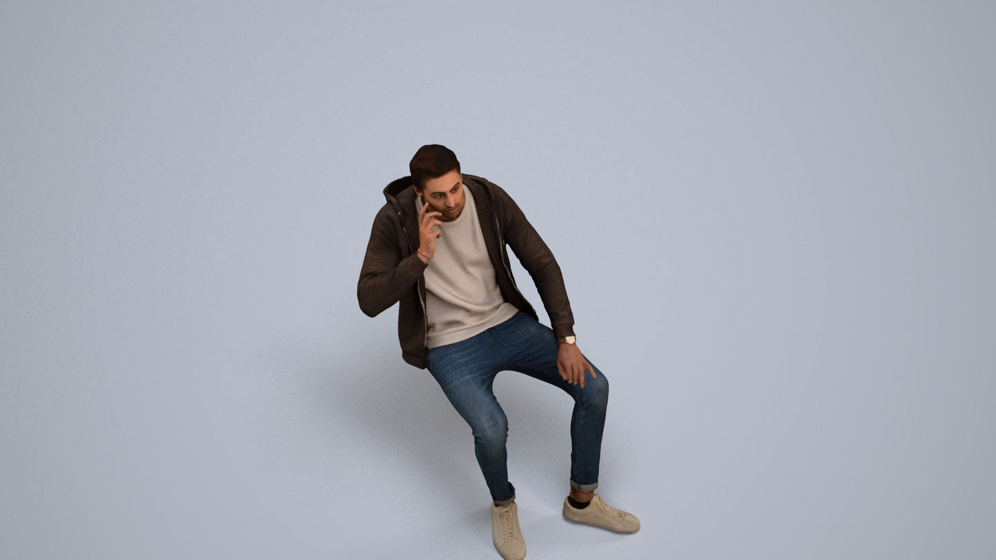 realistic 3D human man casual sitting, archviz people FBX OBJ for Blender, back view render