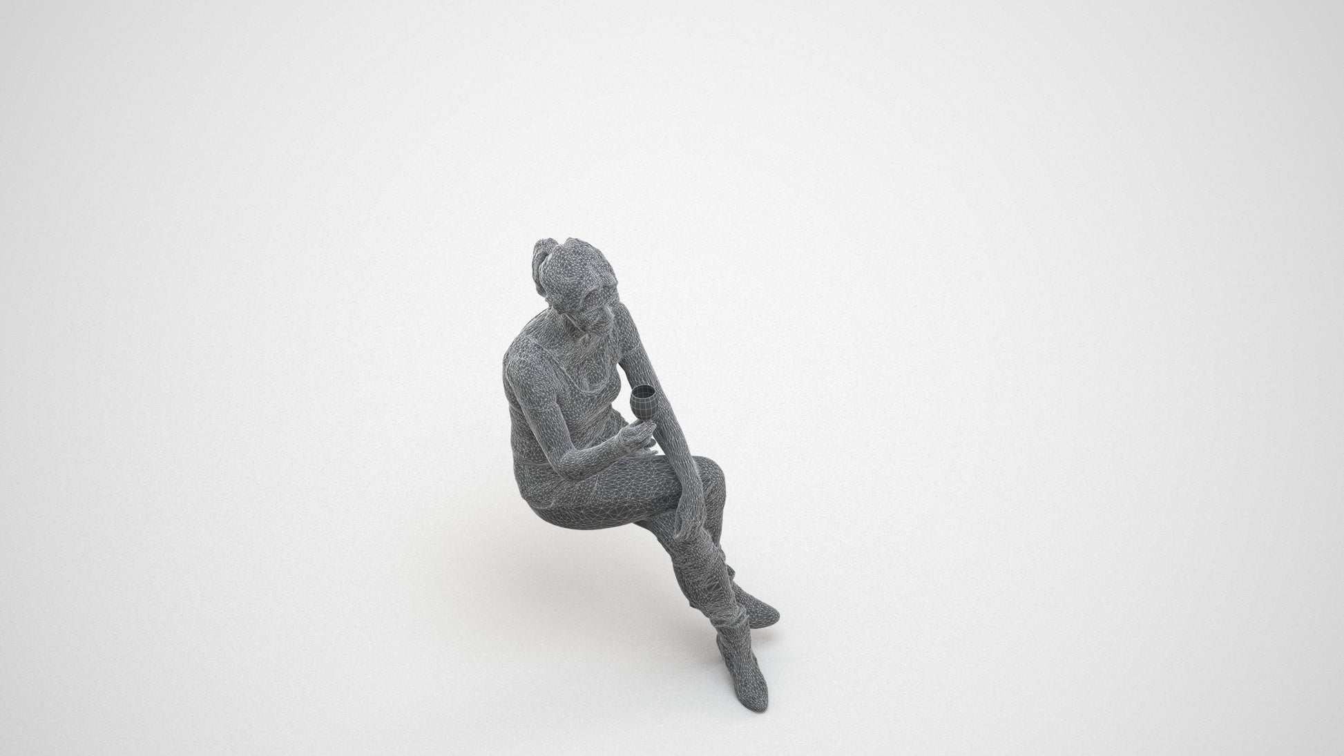 realistic 3D people senior woman casual sitting, render-ready for V-Ray and Corona, FBX OBJ, wireframe three-quarter view