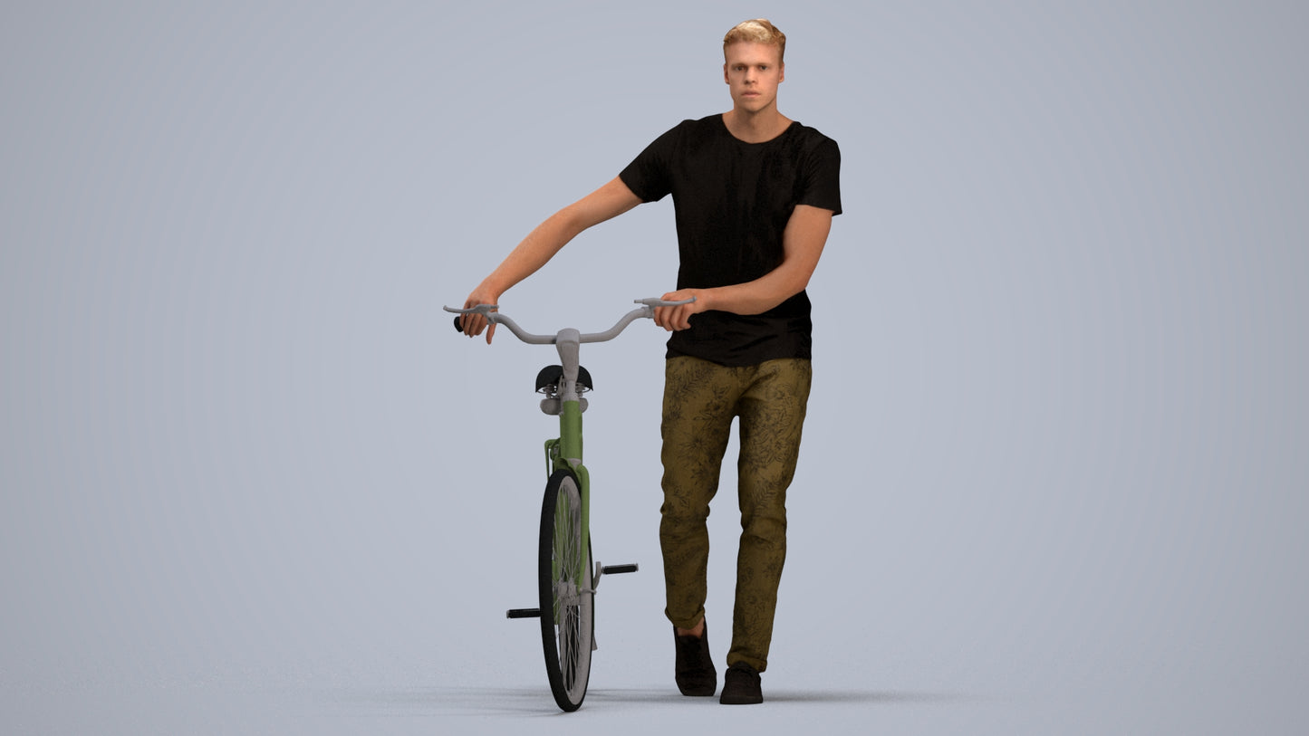 realistic 3D people man casual cycling, render-ready for V-Ray and Corona, FBX OBJ, standing pose render