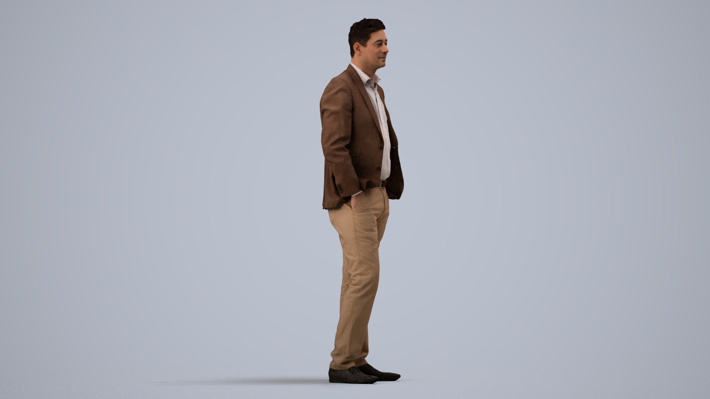 realistic 3D man business standing, scanned archviz people for Blender and 3ds Max, side view render