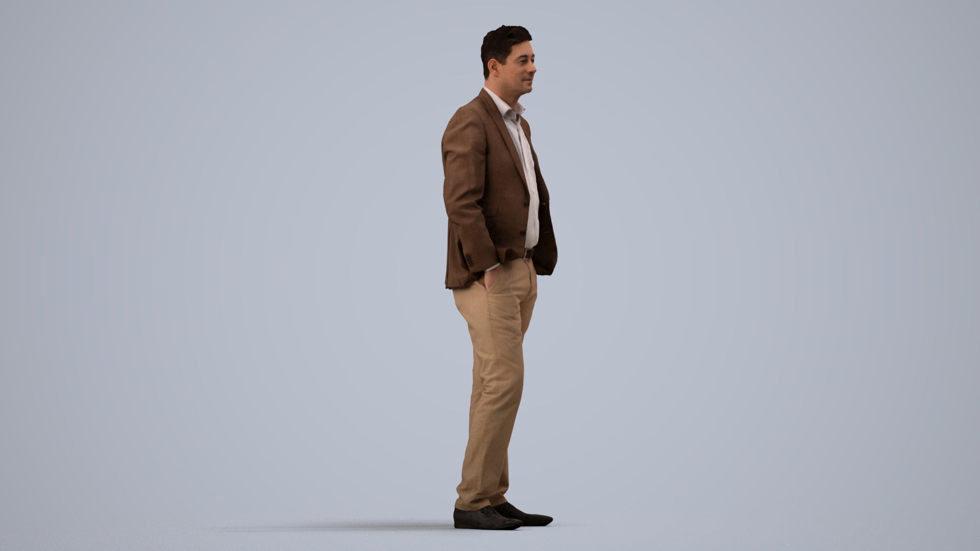 realistic 3D man business standing, scanned archviz people for Blender and 3ds Max, side view render