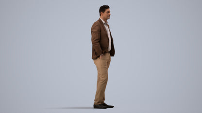 realistic 3D man business standing, scanned archviz people for Blender and 3ds Max, side view render