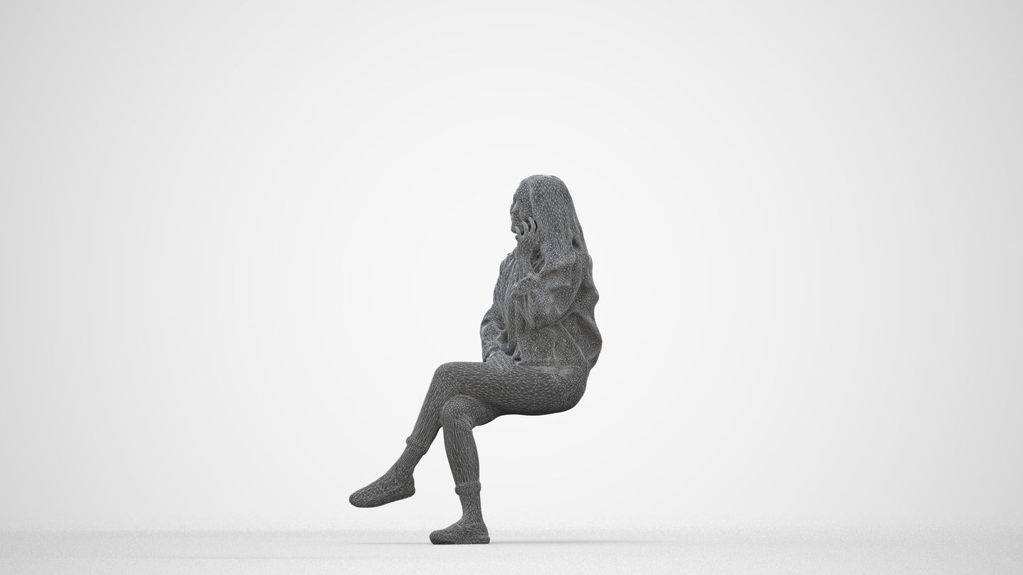 realistic 3D human woman casual sitting, archviz people FBX OBJ for Blender, wireframe back view