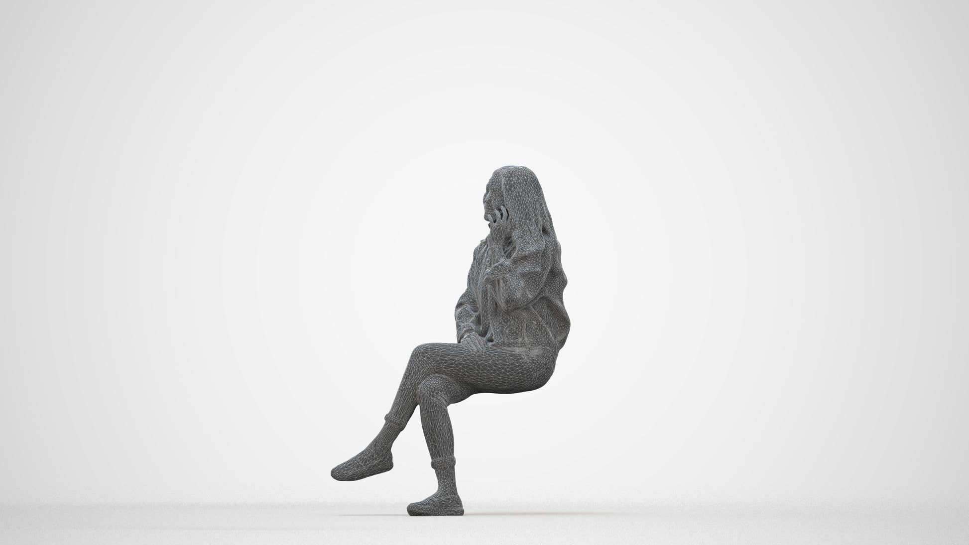 realistic 3D human woman casual sitting, archviz people FBX OBJ for Blender, wireframe back view