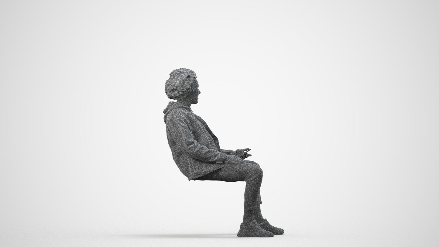 3D people model man casual sitting, scanned human for 3ds Max rendering, wireframe side view