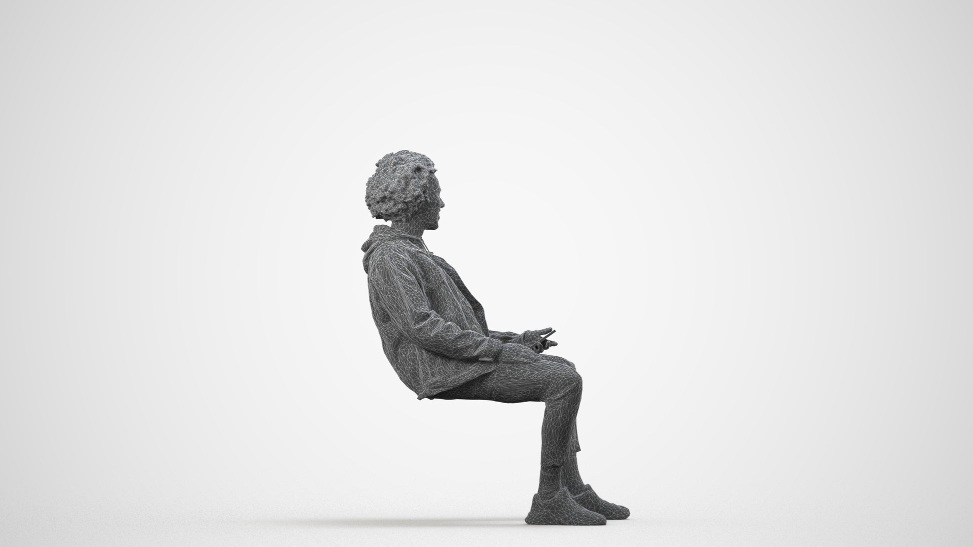 3D people model man casual sitting, scanned human for 3ds Max rendering, wireframe side view