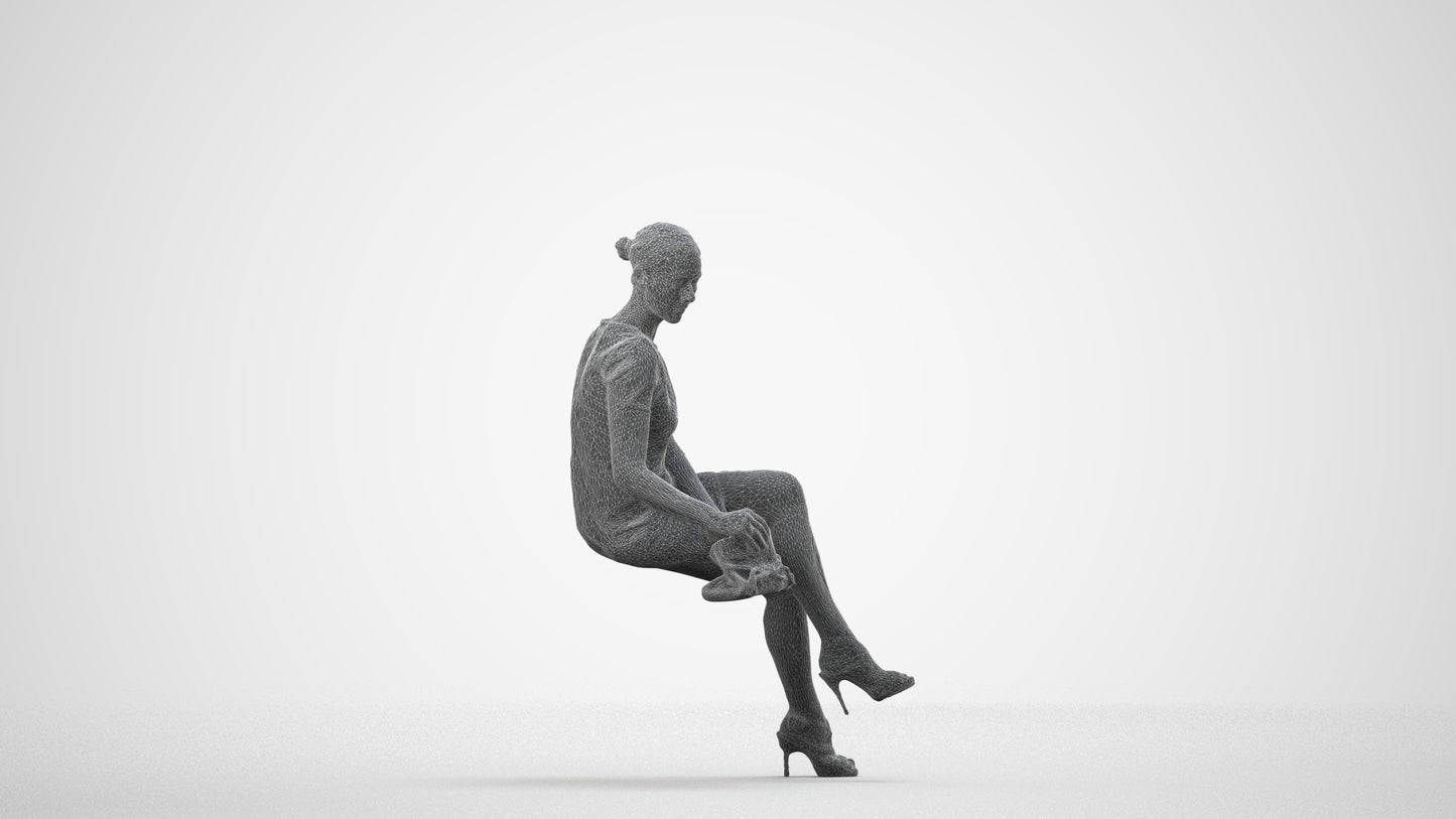 photogrammetry 3D woman business sitting, realistic human model archviz FBX, wireframe side view