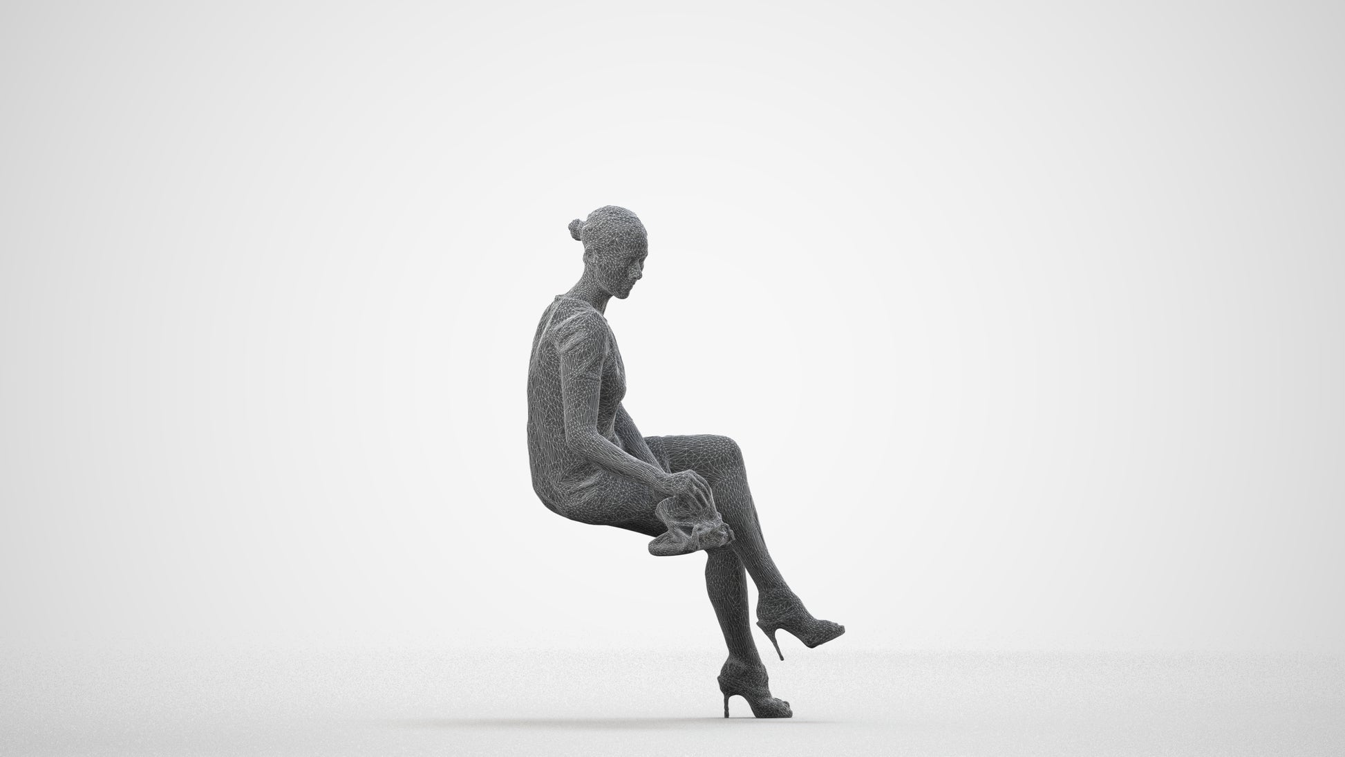 photogrammetry 3D woman business sitting, realistic human model archviz FBX, wireframe side view