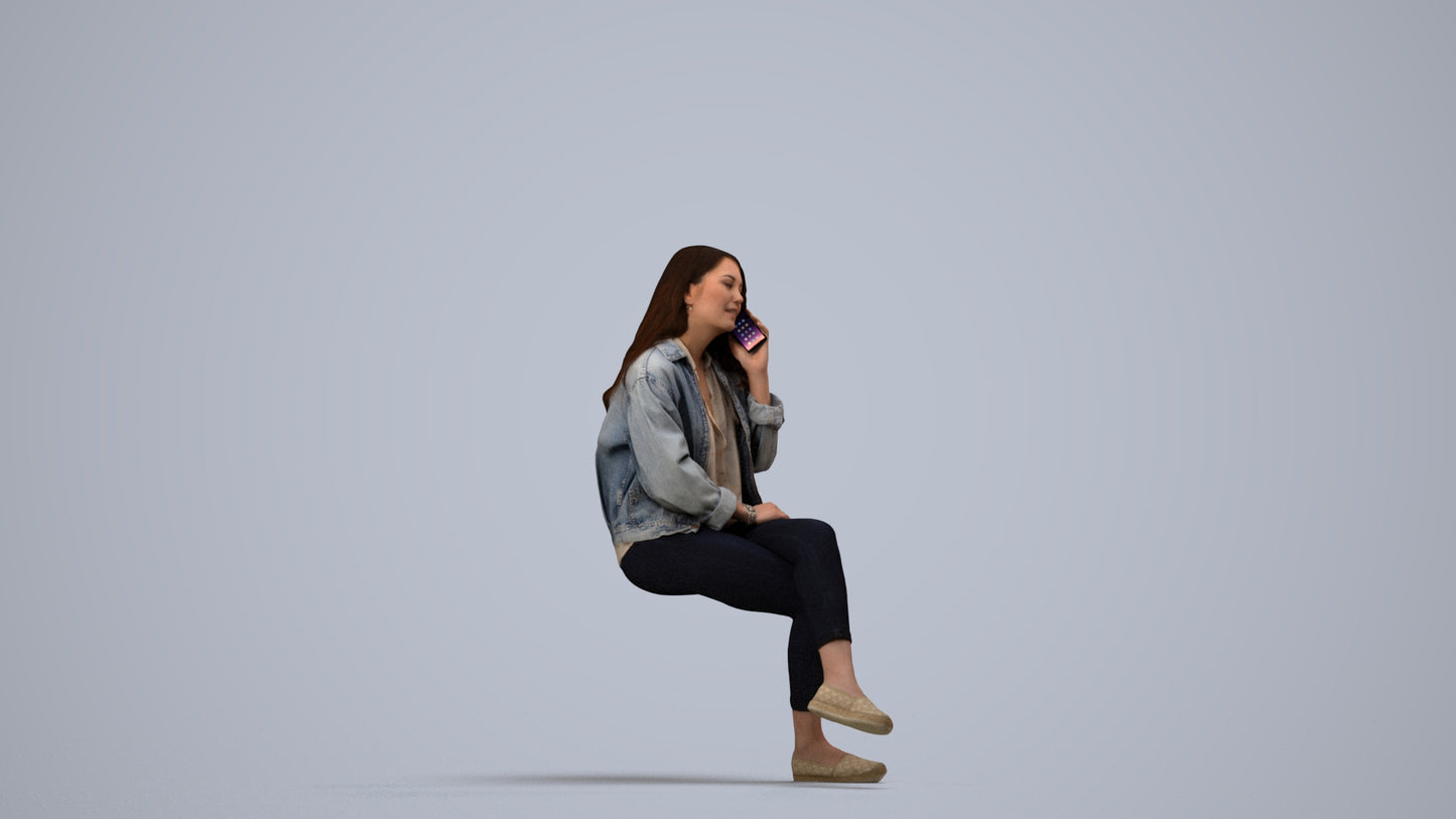 realistic 3D human woman casual sitting, archviz people FBX OBJ for Blender, side view render