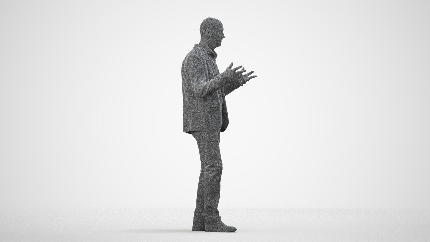 3D scanned senior man business, photorealistic archviz people for Enscape and SketchUp, wireframe side view