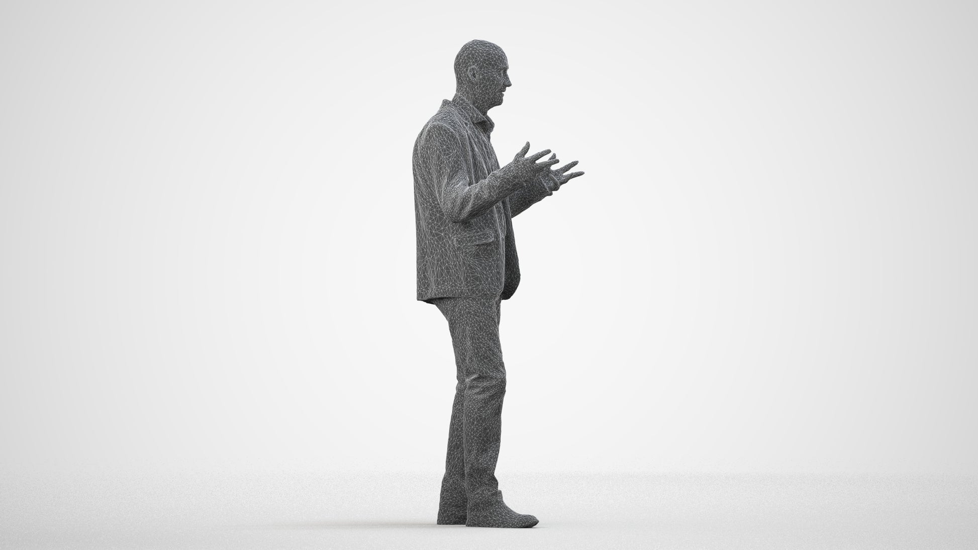 3D scanned senior man business, photorealistic archviz people for Enscape and SketchUp, wireframe side view
