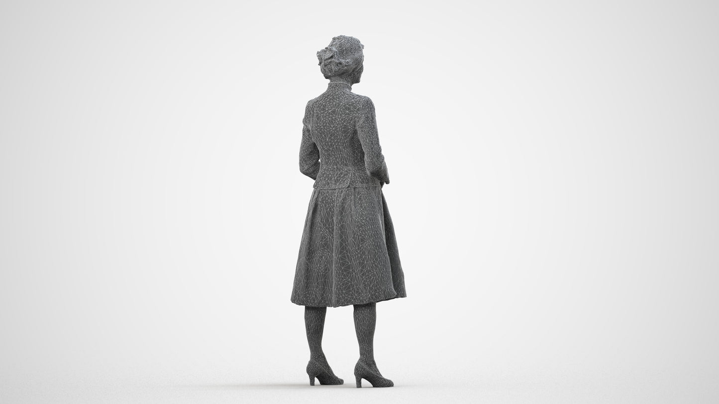 realistic 3D senior woman business standing, scanned archviz people for Blender and 3ds Max, wireframe side view