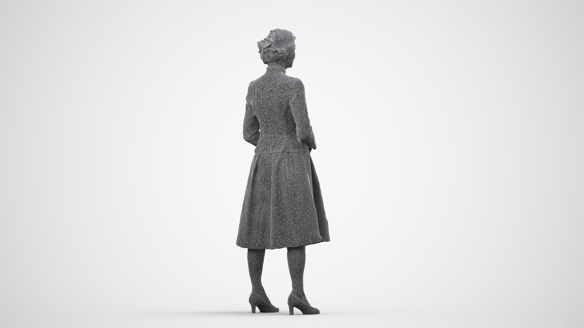 realistic 3D senior woman business standing, scanned archviz people for Blender and 3ds Max, wireframe side view