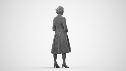 realistic 3D senior woman business standing, scanned archviz people for Blender and 3ds Max, wireframe side view