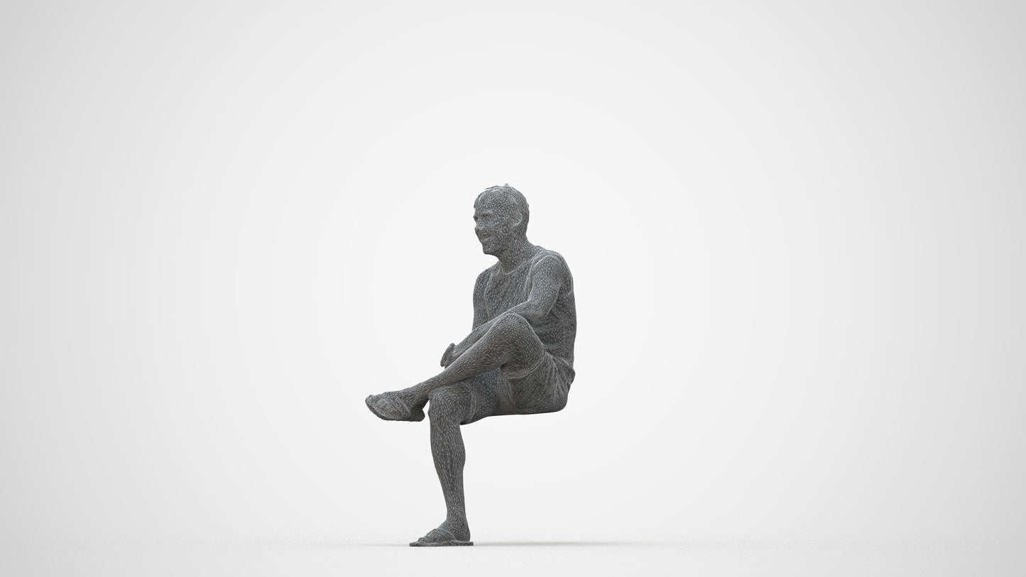 3D people model man casual sitting, scanned human for 3ds Max rendering, wireframe back view