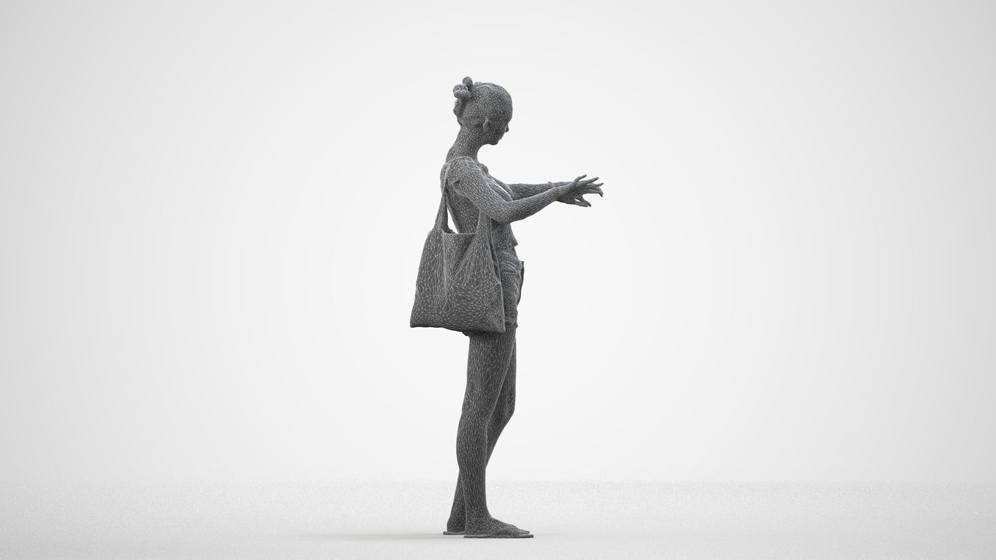 3D scanned girl standing casual, photorealistic archviz people for Enscape and SketchUp, wireframe side view