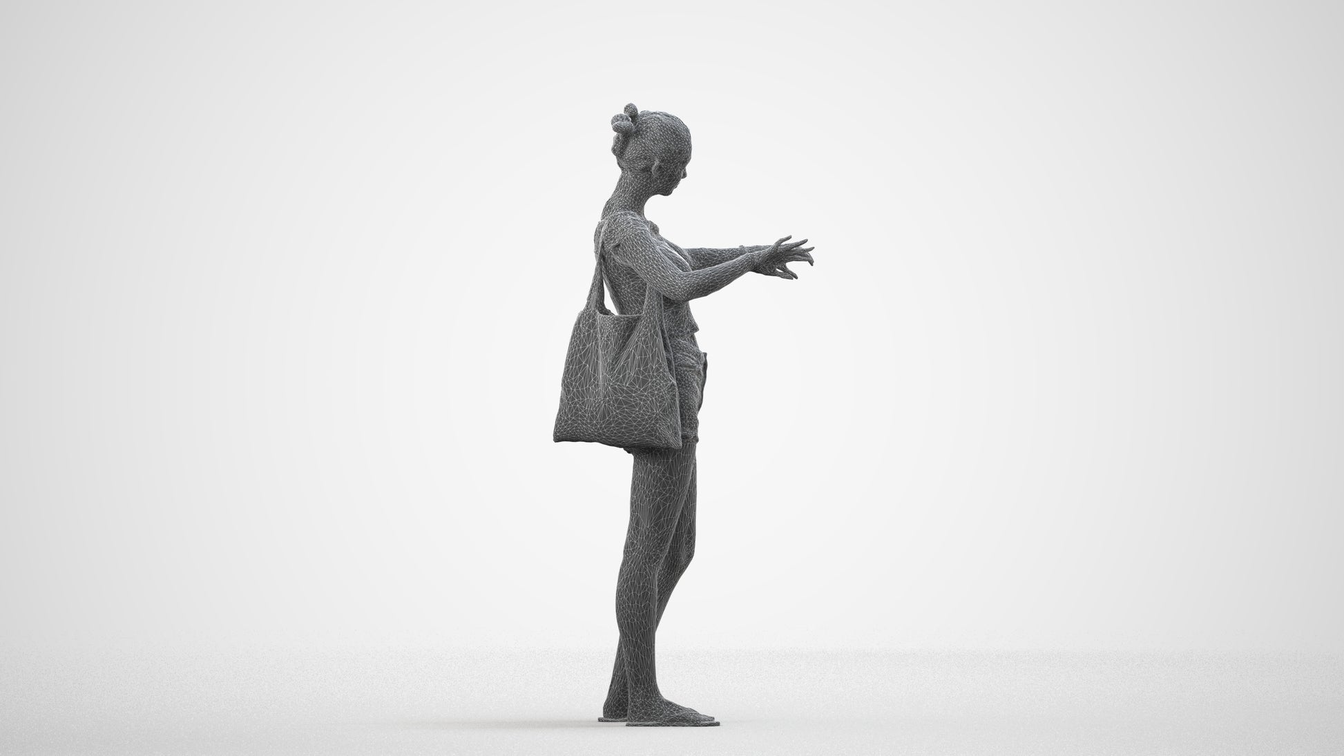 3D scanned girl standing casual, photorealistic archviz people for Enscape and SketchUp, wireframe side view