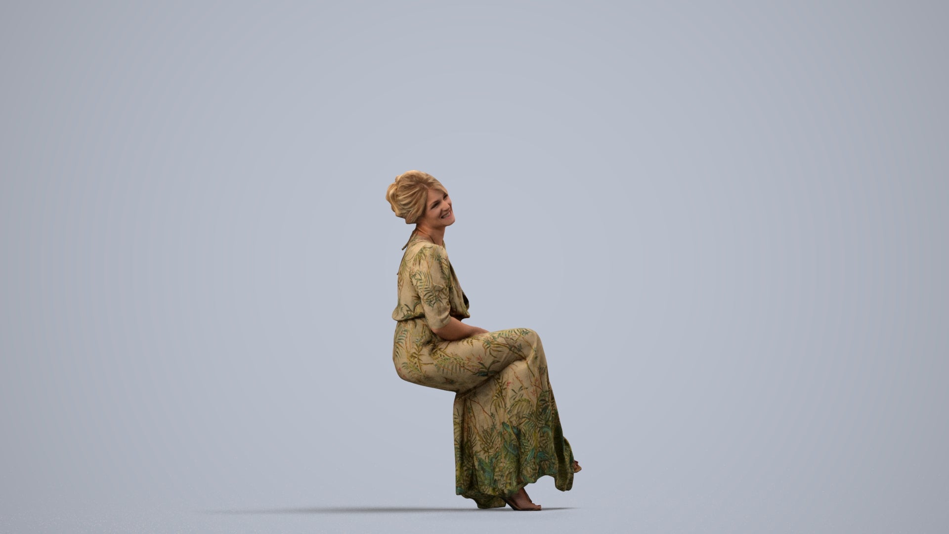 3D scanned woman sitting casual, photorealistic archviz people for Enscape and SketchUp, side view render
