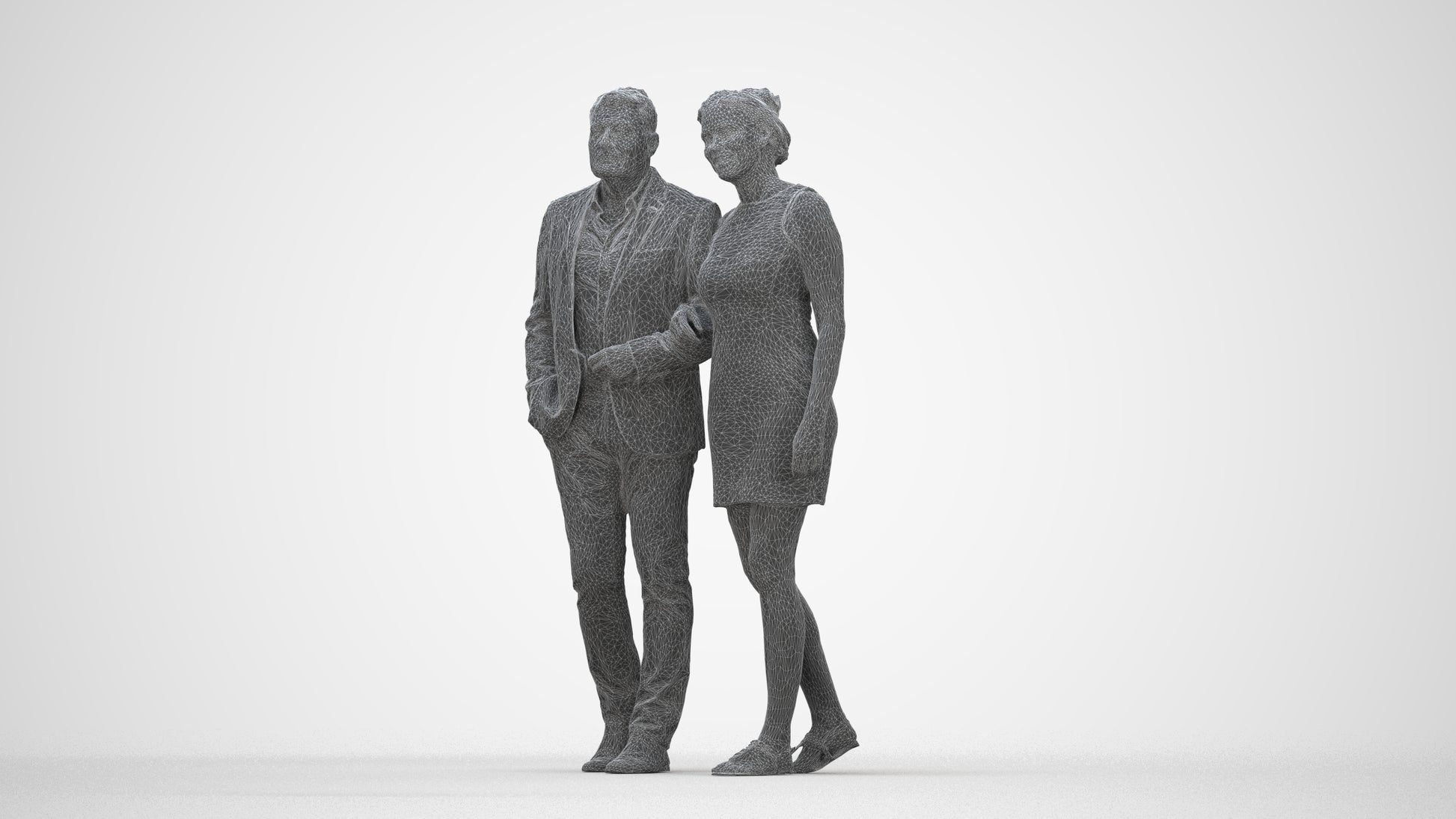 3D people model woman casual couple, scanned human for 3ds Max rendering, wireframe back view